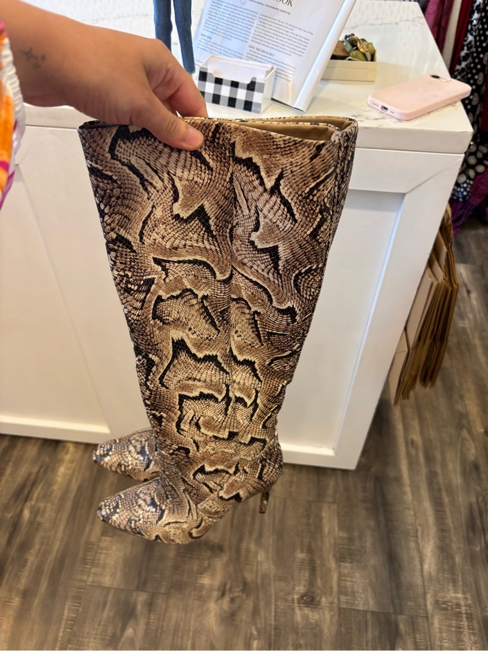 Vince Camuto Tan & Black Snake-Print Knee Boots